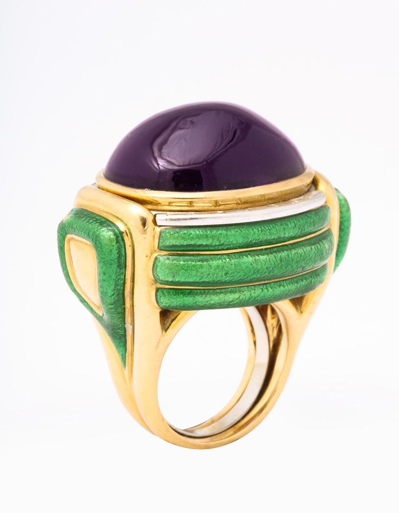 David Webb Amethyst, Green Enamel and Diamond Ring, ca. 1990