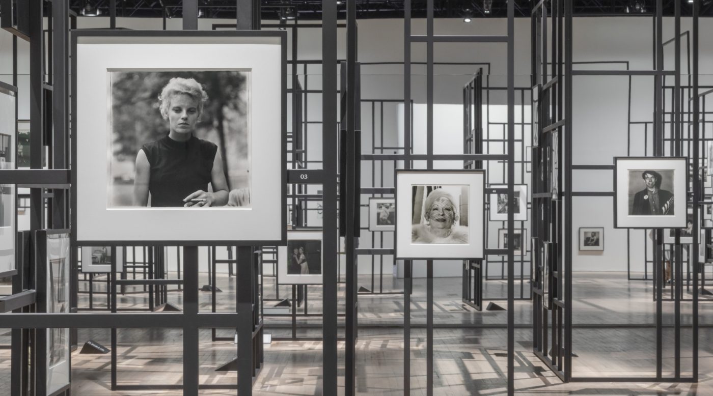 An installation view of the photography exhibition "Diane Arbus: Constellation" at the Park Avenue Armory in New York City