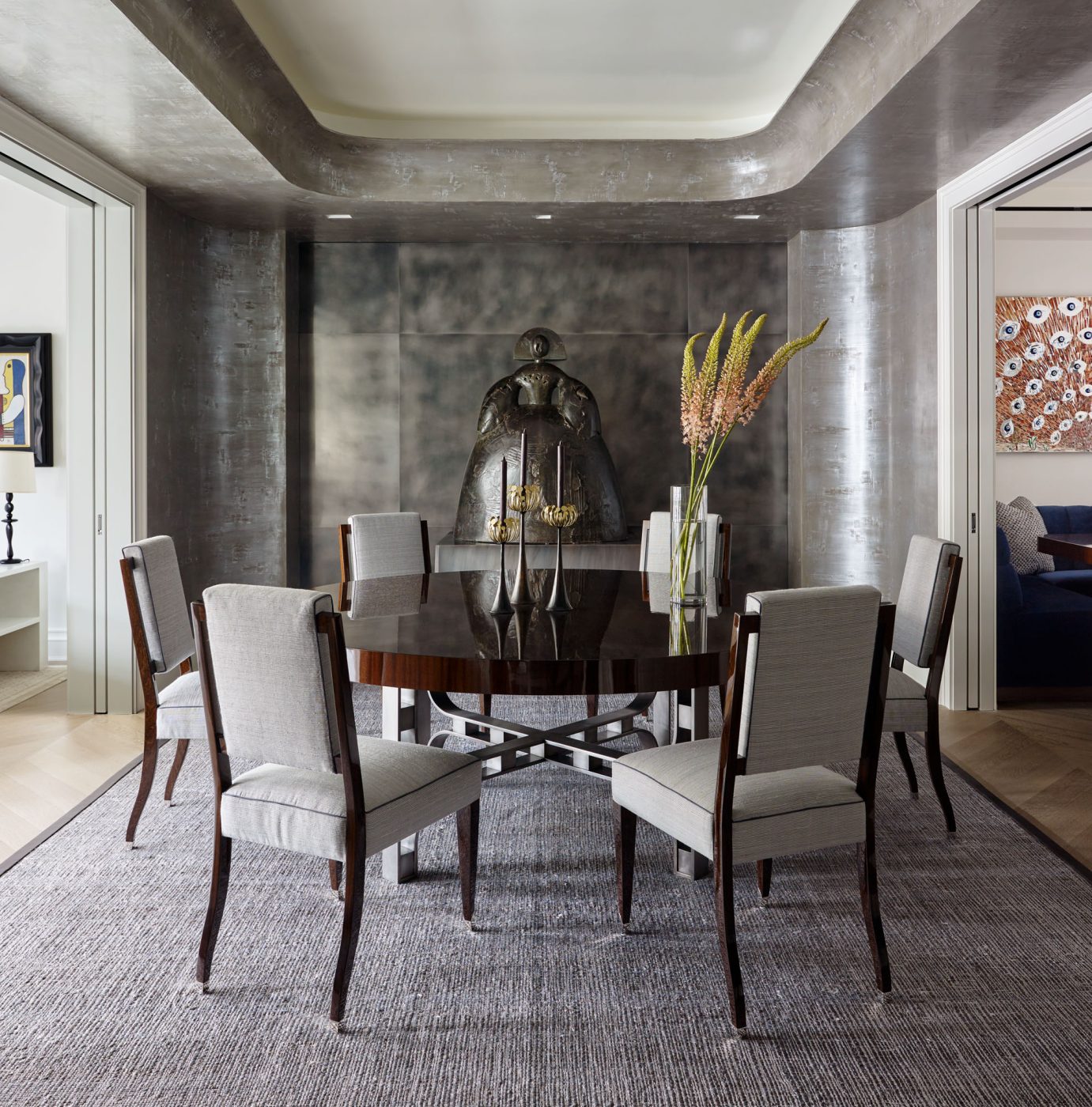 Silver-hued dining room in Fifth Avenue Manhattan apartment designed by David Kleinberg