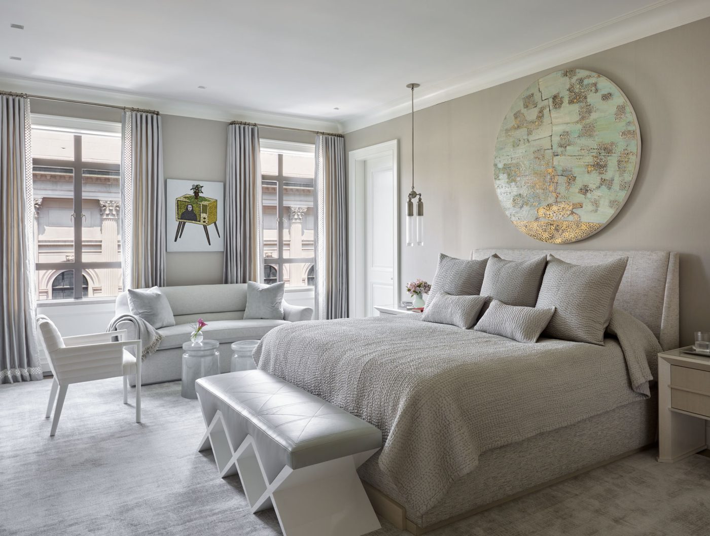 Neutrally toned silvery bedroom in Fifth Avenue Manhattan apartment designed by David Kleinberg