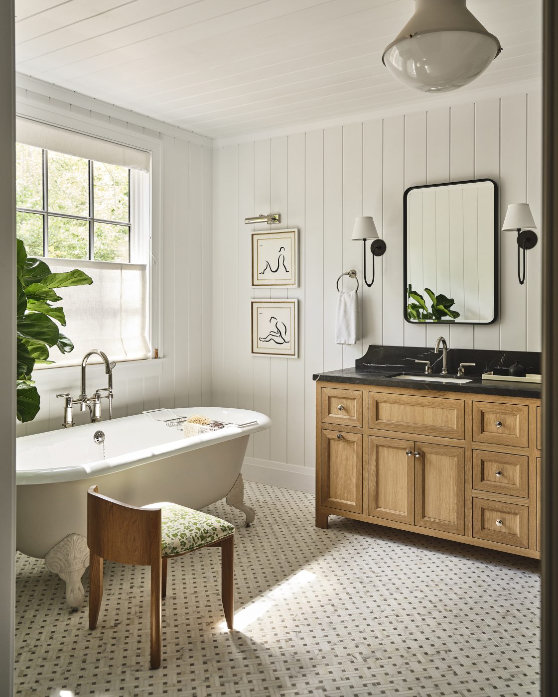 Primary bathroom of a Maine coast home designed by Gray Davis and Will Meyer of the studio Meyer Davis