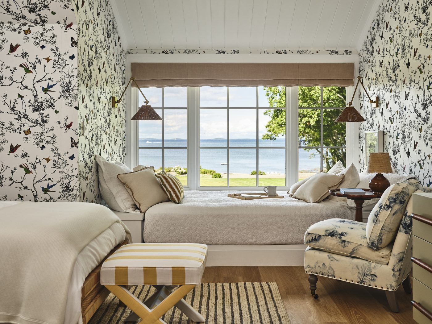 Guest bedroom of a Maine coast home designed by Gray Davis and Will Meyer of the studio Meyer Davis