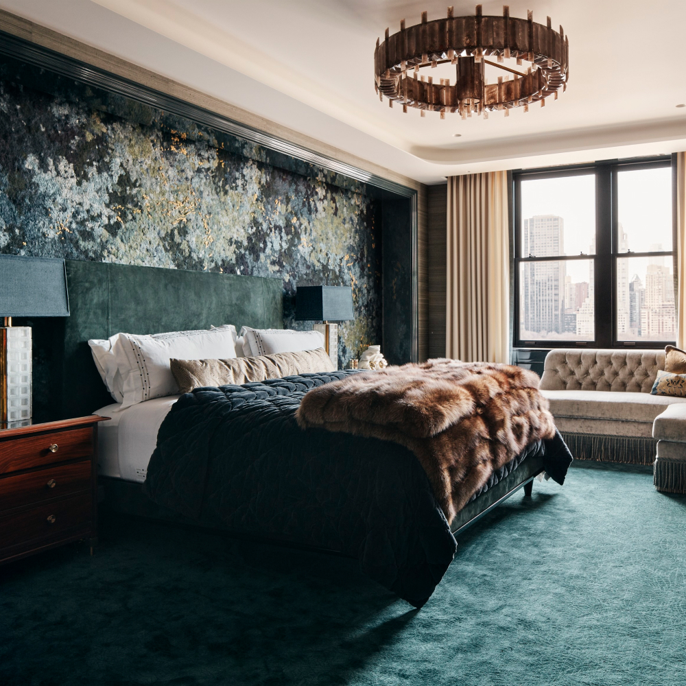 Primary bedroom of Manhattan pied-a-terre designed by Pembrooke & Ives designers Andrew Sheinman and Stephanie Sarkies-Schabot 