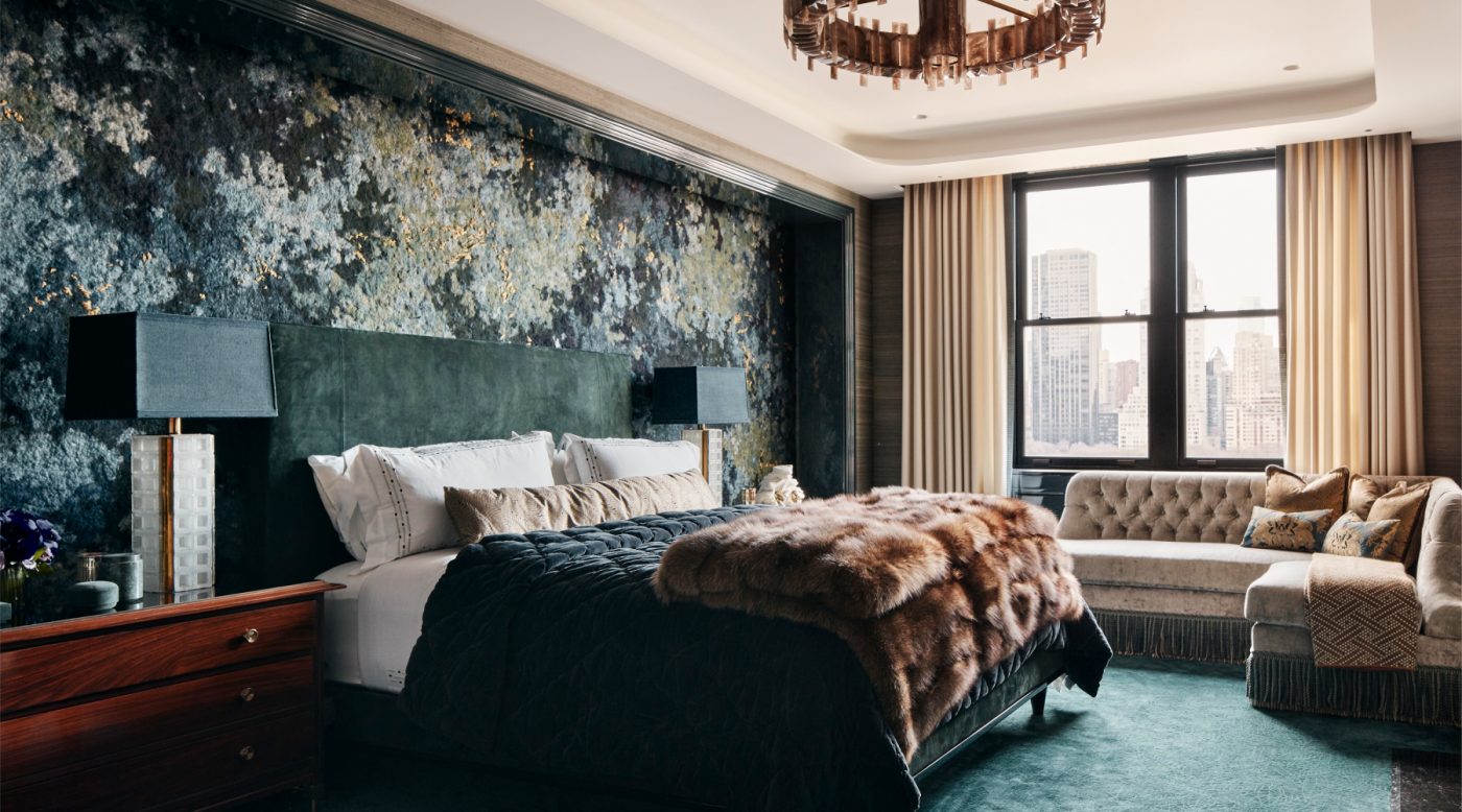 Primary bedroom of Manhattan pied-a-terre designed by Pembrooke & Ives designers Andrew Sheinman and Stephanie Sarkies-Schabot