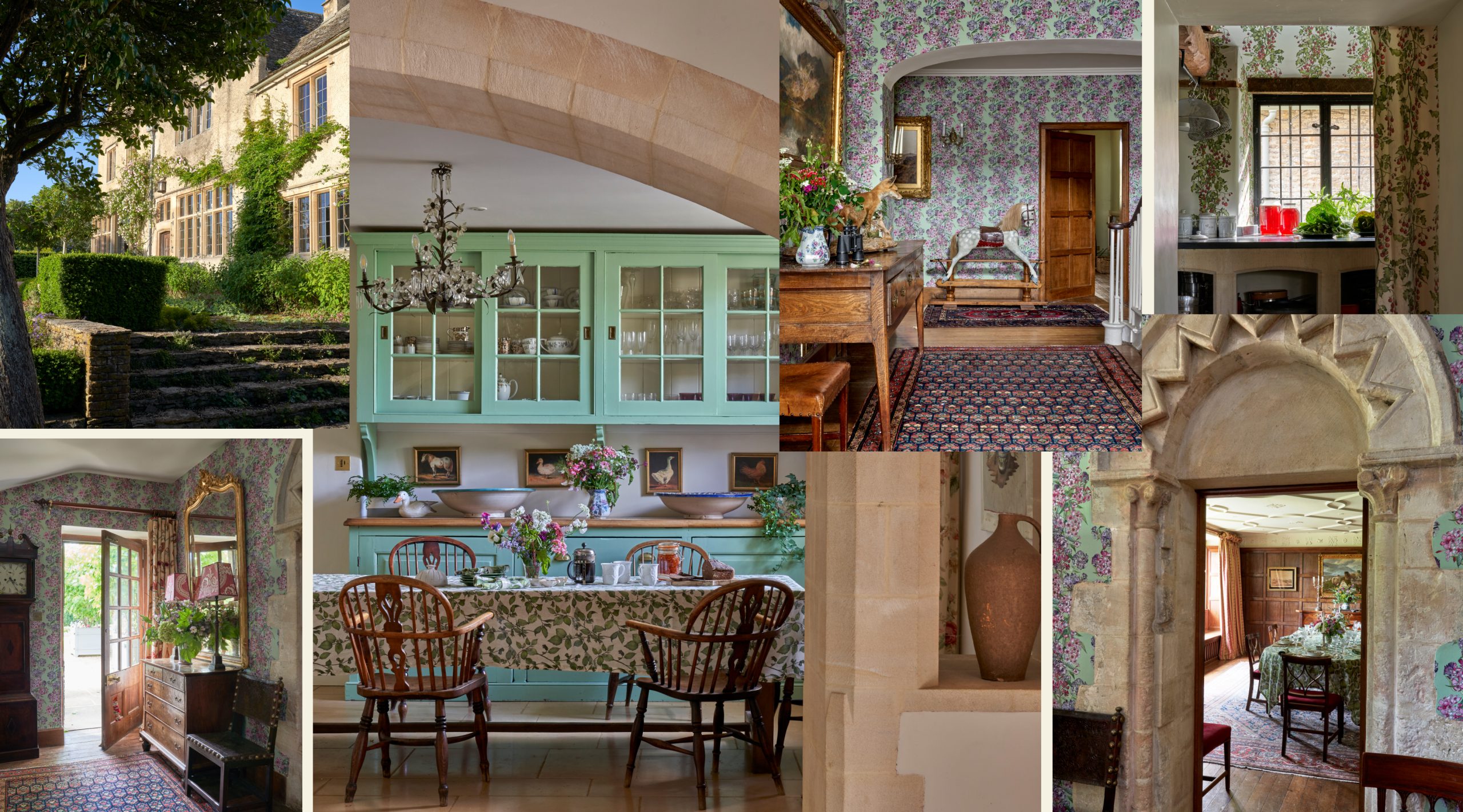 Views of of the antique-filled interiors of the Manor House of the Hibbert family, founders of the Thyme countryside hotel and estate in England's Cotswolds 