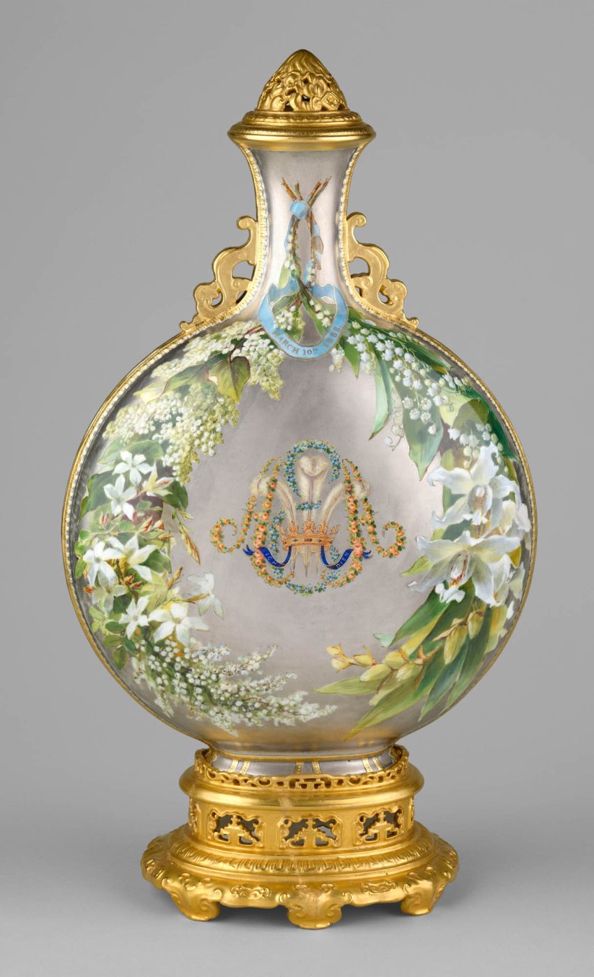 A Minton bone-china moon flask decorated with white flowers