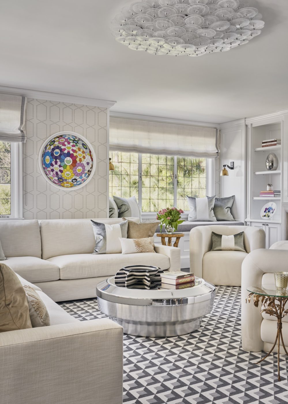 The family room​ of the Beverly Hills house balances playfulness and polish​.