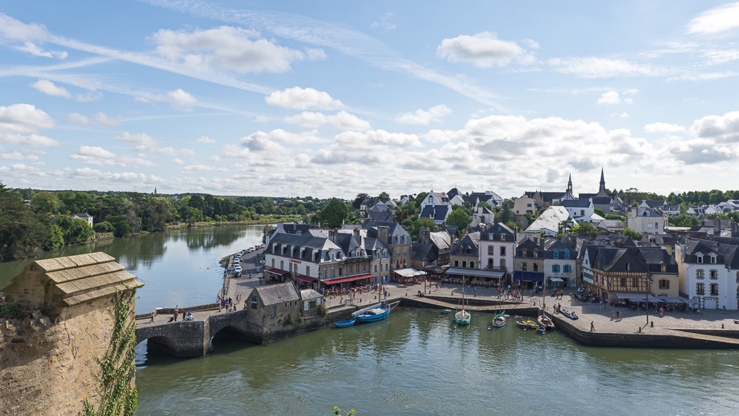 A view of the buildings along the waterfront in Auray, France