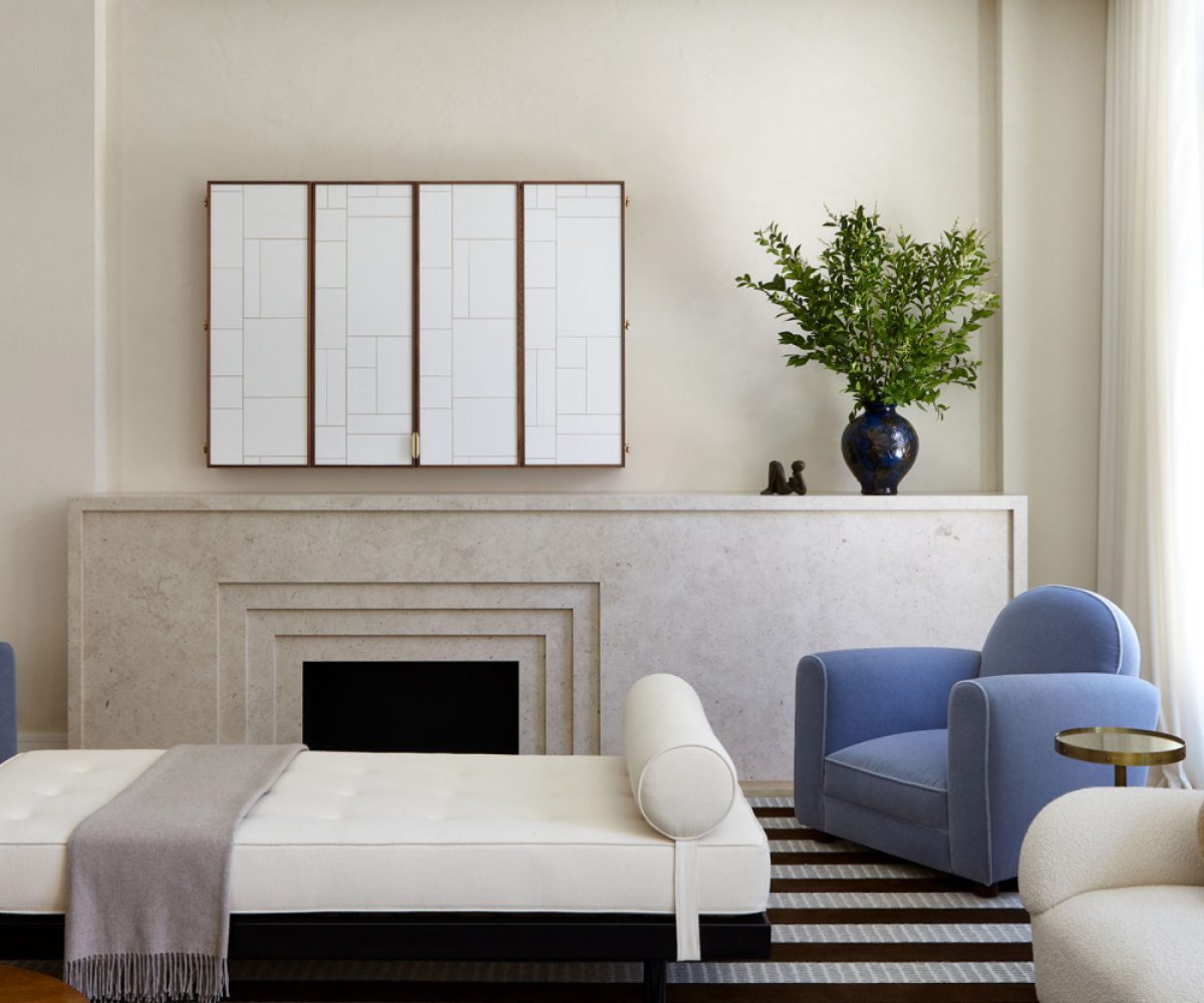 Neutrally hued living room with Jean Prouve daybed in townhouse in New York West Village designed by Cochineal Design