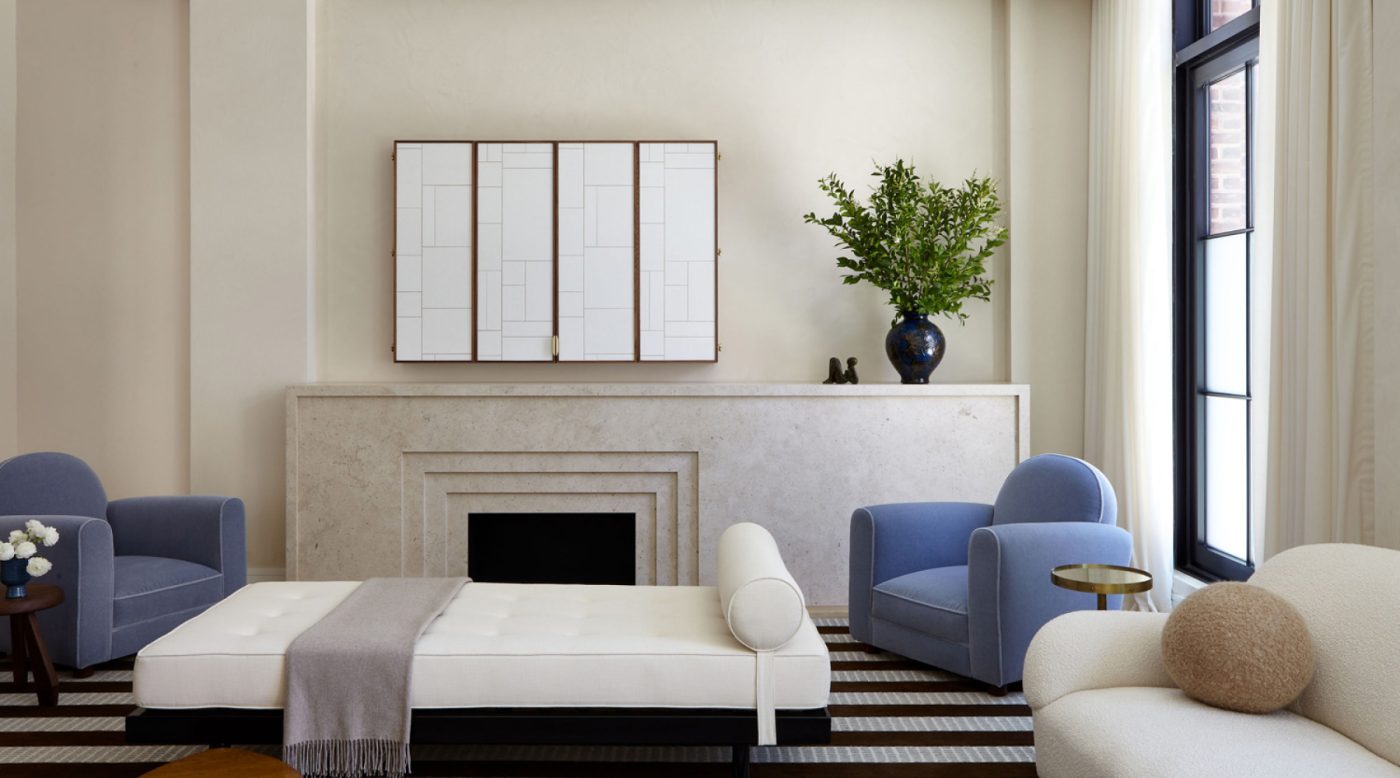 Neutrally hued living room with Jean Prouve daybed in townhouse in New York West Village designed by Cochineal Design