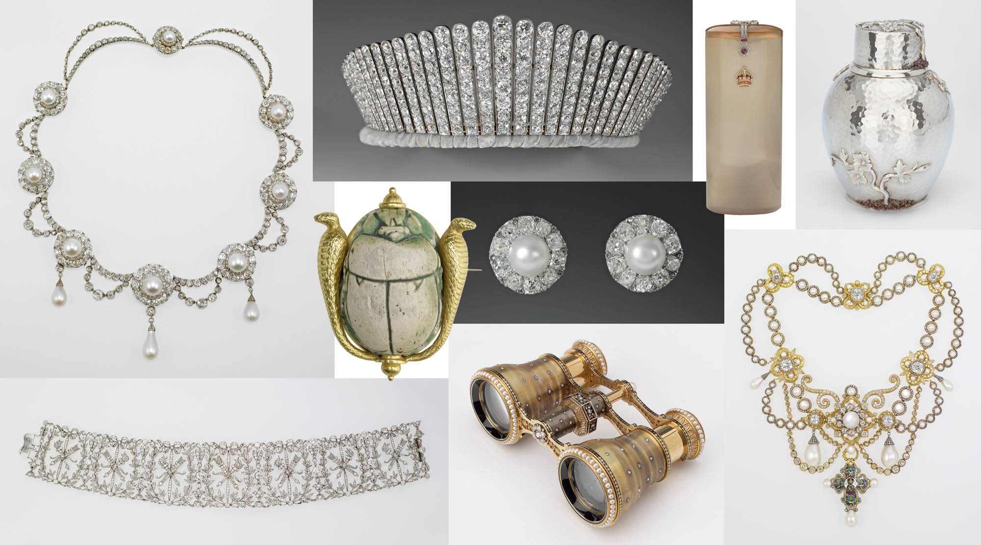 A collage of jewels and precious objects owned by King Edward VII, King George V and their wives