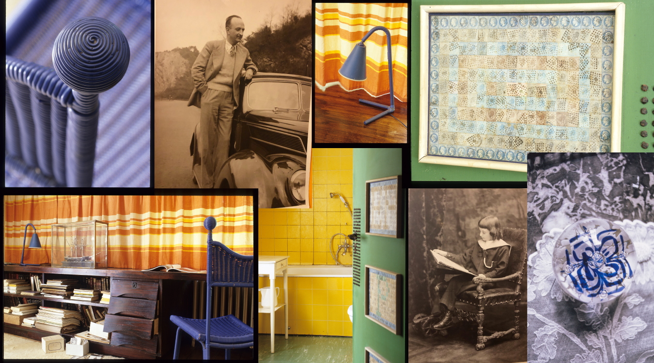 A collage of photos of Jean Royère and his home in Brittany