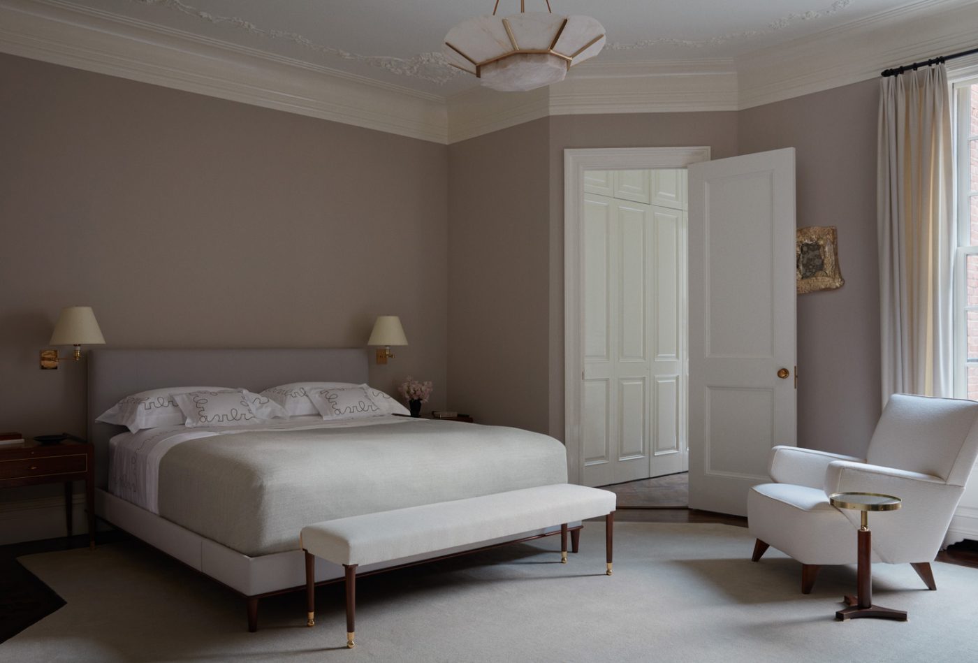 Primary bedroom of Alyssa Kapito-designed townhouse on Manhattan's Upper East Side