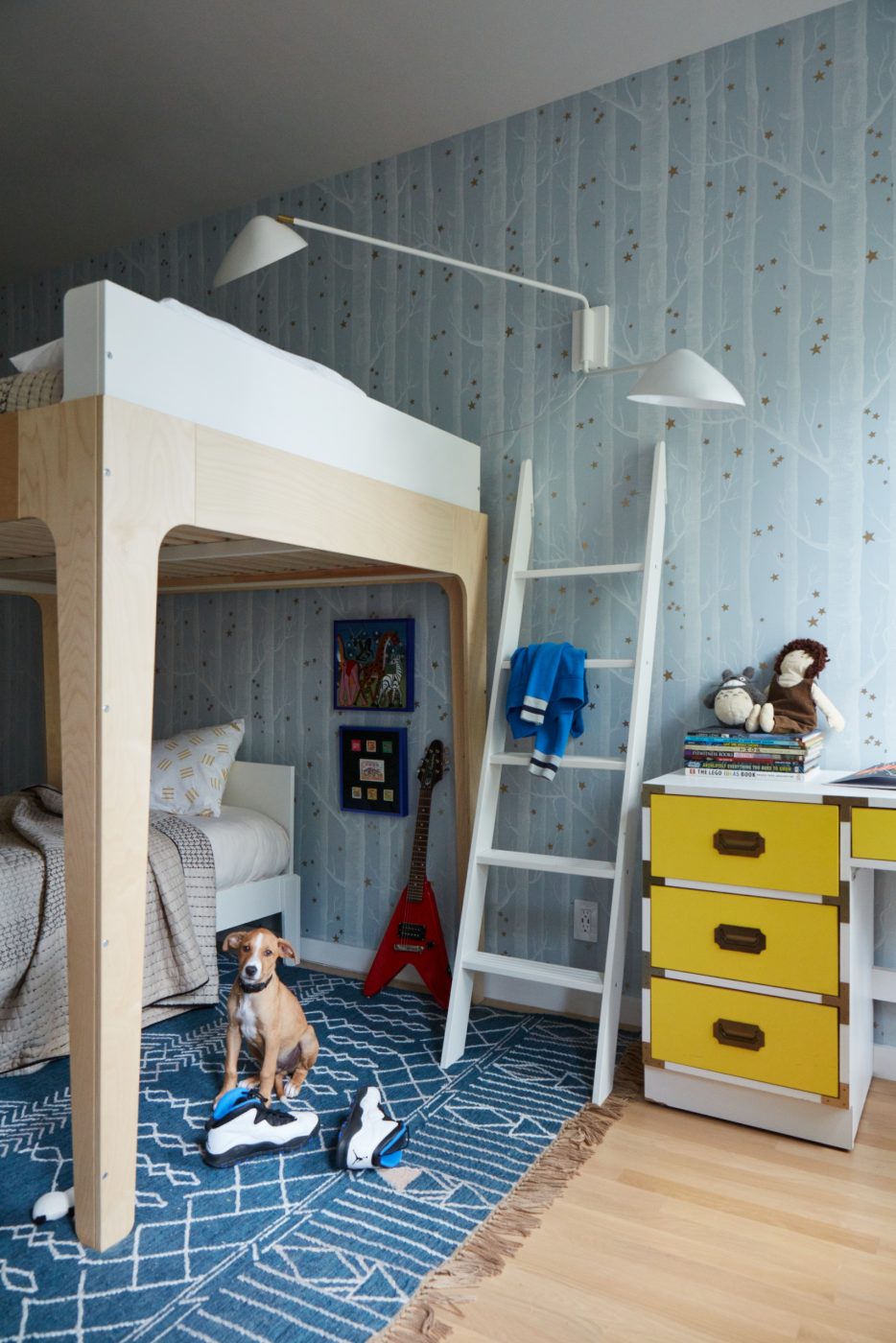Another son has loft bed and a 1970s desk with yellow drawers. Hello there, pup!