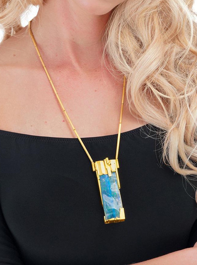 Othmar Zschaler Modernist Opal and Gold Pendant Necklace, 1970s