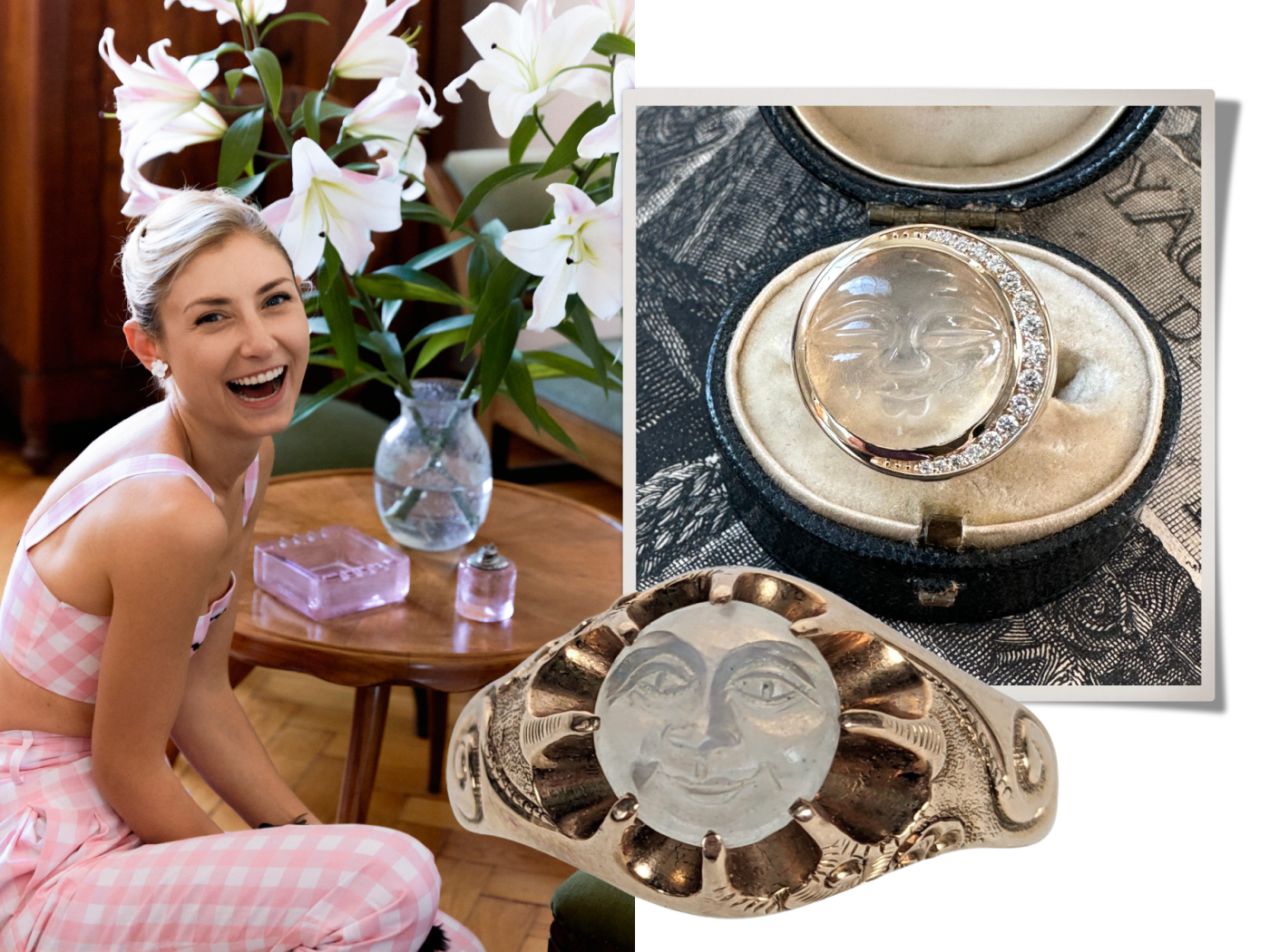 Jenny Walton and two Victorian carved-moonstone rings from her 1stDibs favorites folder