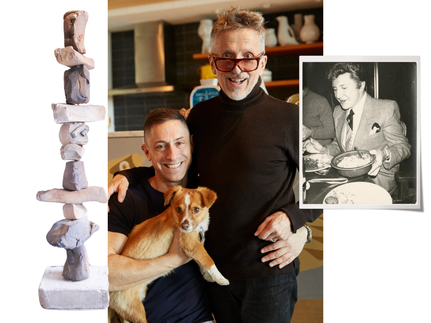 A portrait of Jonathan Adler, Simon Doonan and their dog alongside images of two of their favorite pieces on 1stDibs: a Stan Bitters totem sculpture and a photograph of Liberace