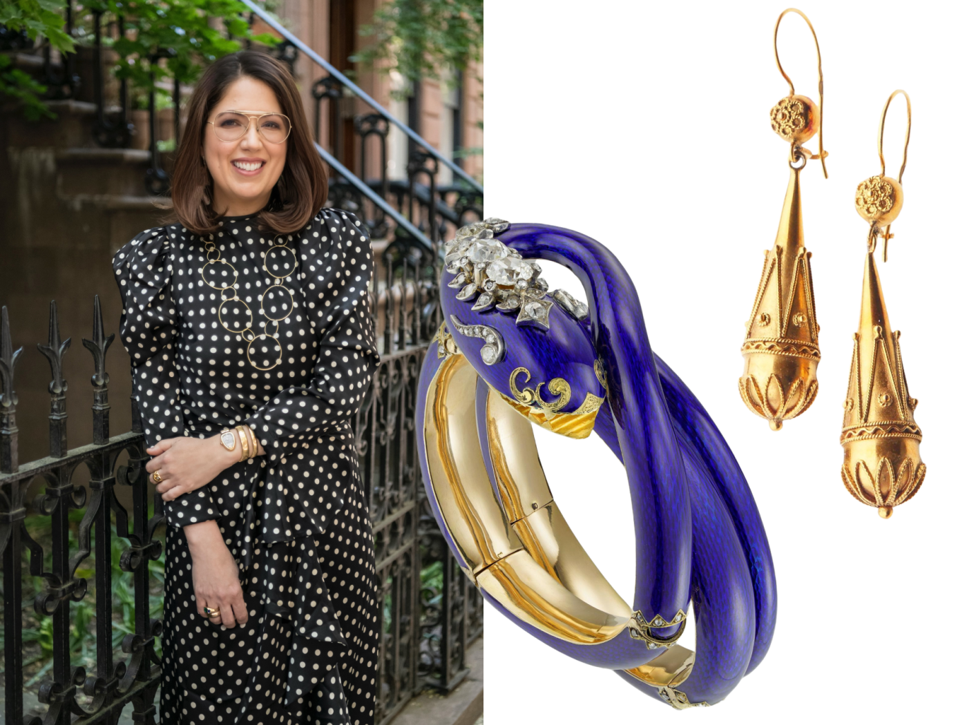 A portrait of Marion Fasel alongside images of a Victorian blue enamel snake bracelet and a pair of Etruscan-style gold drop earrings from her 1stDibs favorites folder
