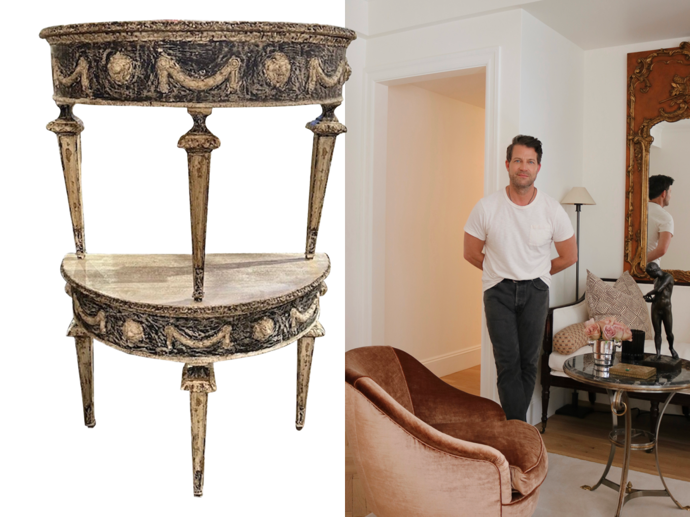 Nate Berkus and a two-tier demi-lune table from his 1stDibs favorites folder