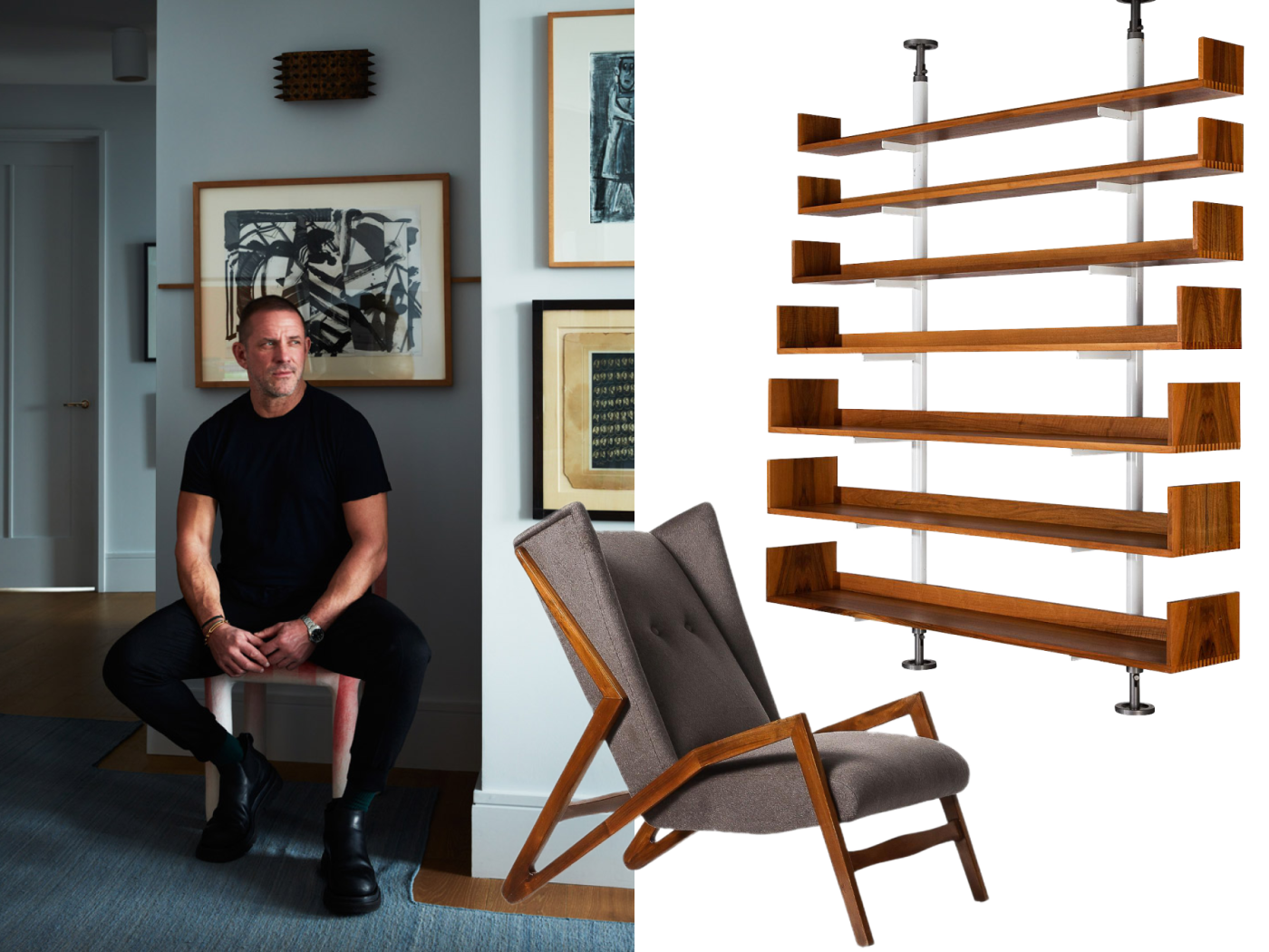 A portrait of Robert Stilin alongside images of a Studio BBPR chair from his 1stDibs storefront and a Carlo Scarpa bookcase from his 1stDibs favorites folder