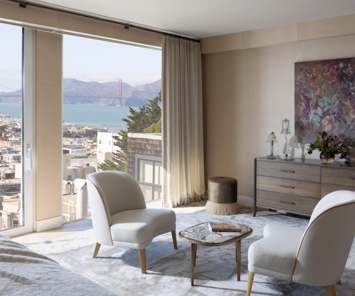Primary suite sitting area of a San Francisco row house designed by Marea Clark featuring