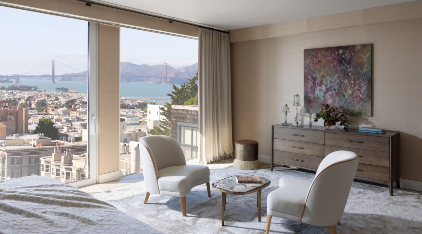 Primary suite sitting area of a San Francisco row house designed by Marea Clark featuring