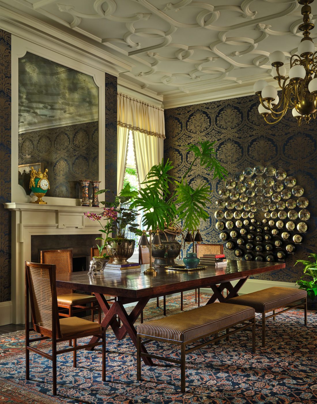 Dining room with Rubelli damask wallpaper and contemporary and mid-century furniture in Edwardian house San Francisco's Pacific Heights with interiors by Brittany Giannone's ABD STUDIO