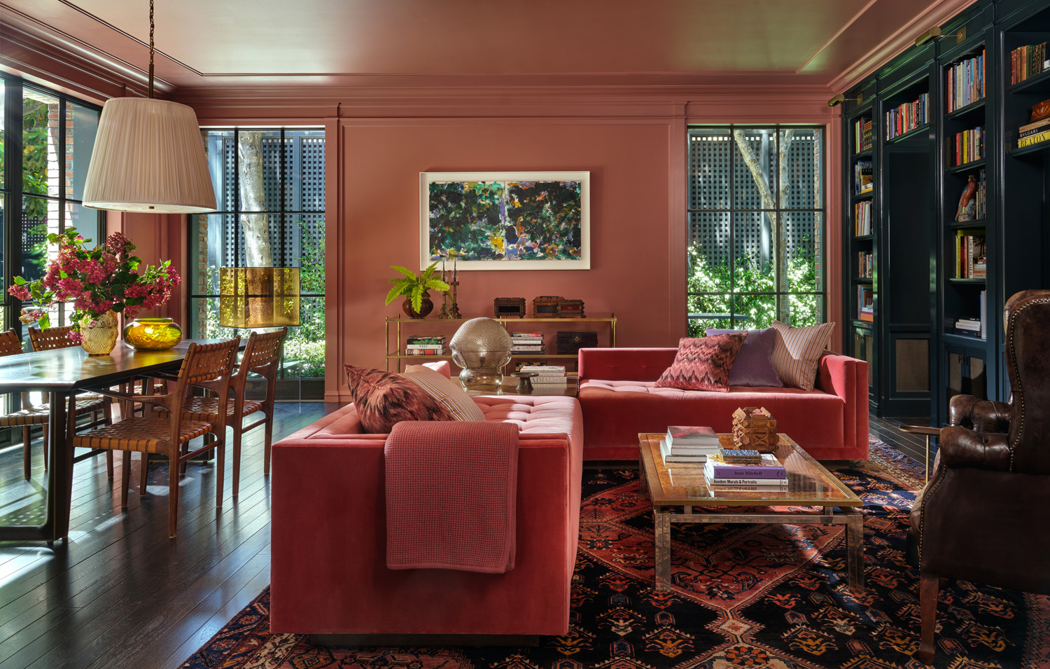 Pink-painted family room and informal dining area in Edwardian house San Francisco's Pacific Heights with interiors by Brittany Giannone's ABD STUDIO