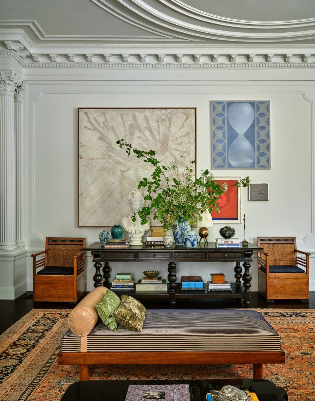 Living room with console and art above in a house in San Francisco's Pacific Heights with interiors by Brittany Giannone's ABD STUDIO
