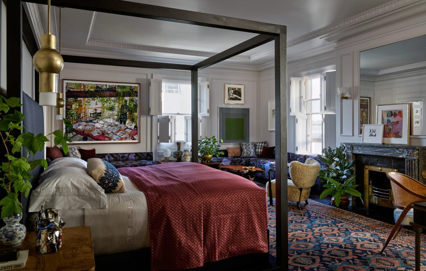 Art filled primary bedroom in Edwardian house San Francisco's Pacific Heights with interiors by Brittany Giannone's ABD STUDIO