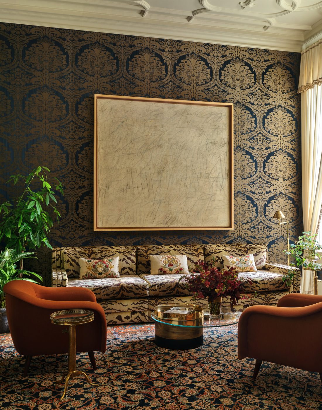 Salon sitting room with Rubelli damask wallpaper and contemporary and mid-century furniture in Edwardian house San Francisco's Pacific Heights with interiors by Brittany Giannone's ABD STUDIO