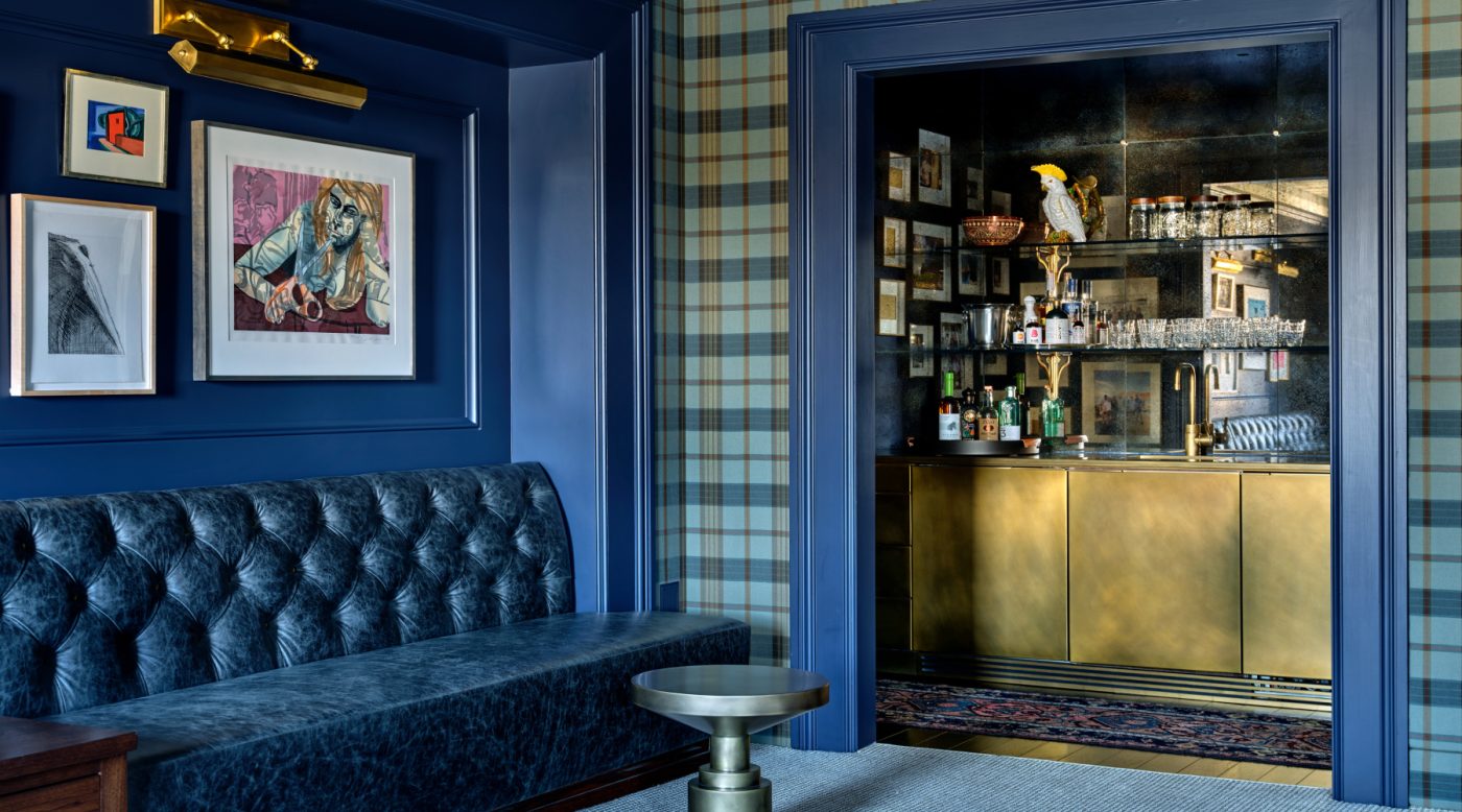 Blue bar and sitting room lounge in Edwardian house San Francisco's Pacific Heights with interiors by Brittany Giannone's ABD STUDIO