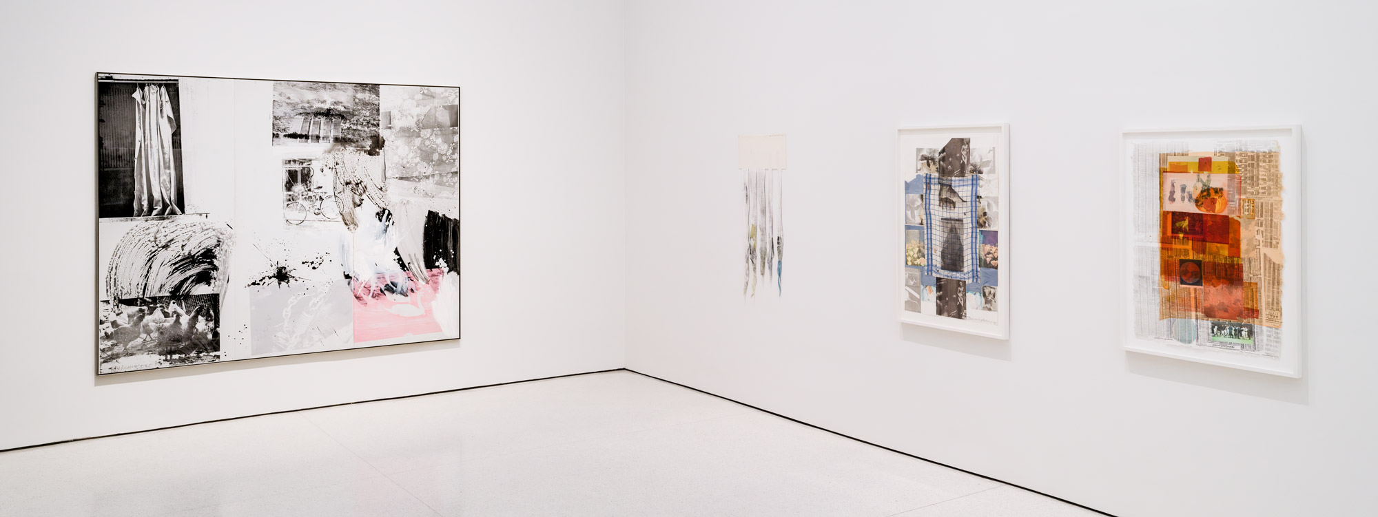 An installation view of "Robert Rauschenberg: Life Can’t Be Stopped" at the Guggenheim Museum, in New York.