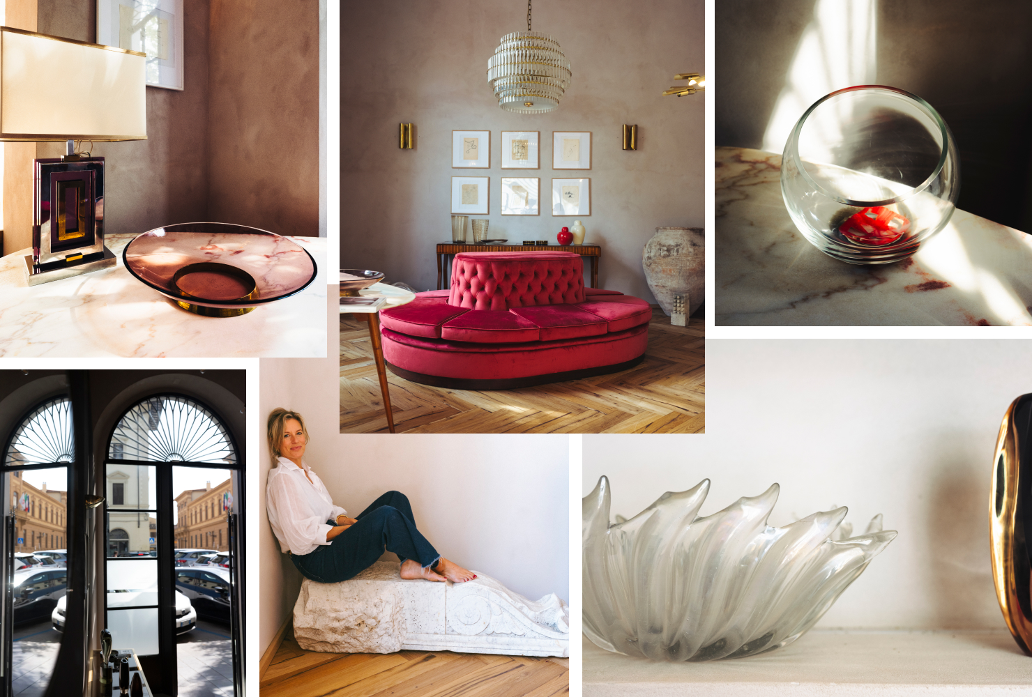 A gridded collage of images of mid-century-modern Italian antiques at the Italian Collector, the Florence Italy shop of antiques dealer Bec Astley Clarke