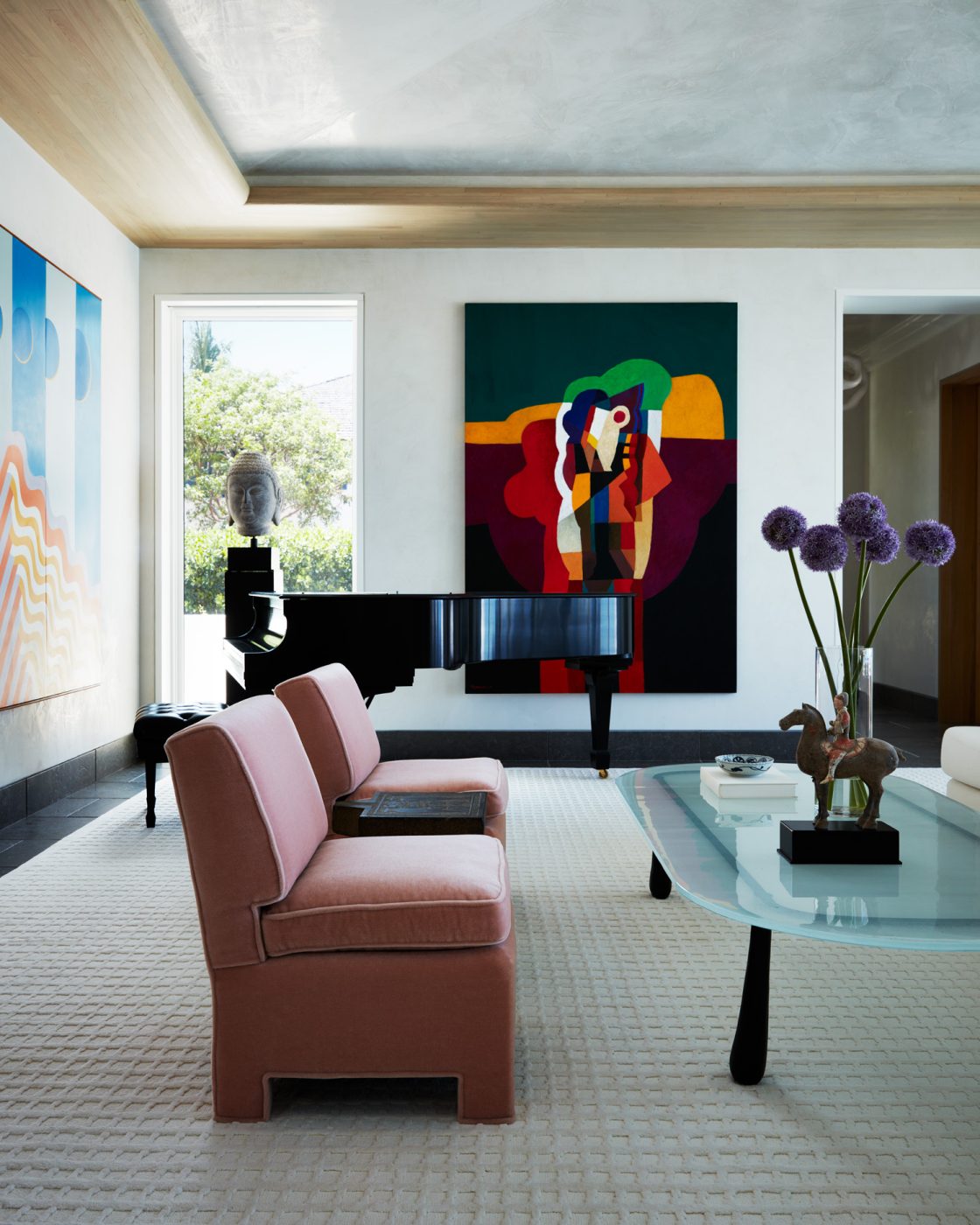 Seating area with grand piano in great room of West Palm Beach house with architecture by Daniel Kahan of Smith and Moore Architectures and interiors by Caroline Rafferty