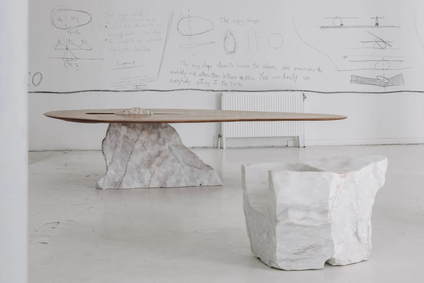 Mircea Anghel created this and marble Pico Rosa table, 2024, and marble Tooth chair, 2023
