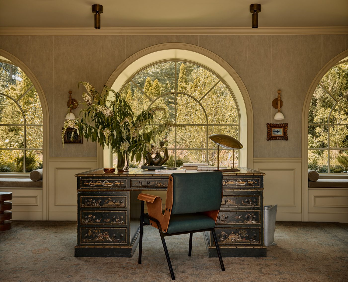 Chinoiserie desk and Gustavo Pulitzer Finali for Arflex in the study of a 1912 Colonial-style home redesigned by Autumn Oser and Andre Golsorkhi, partners in the design firm Haldon House