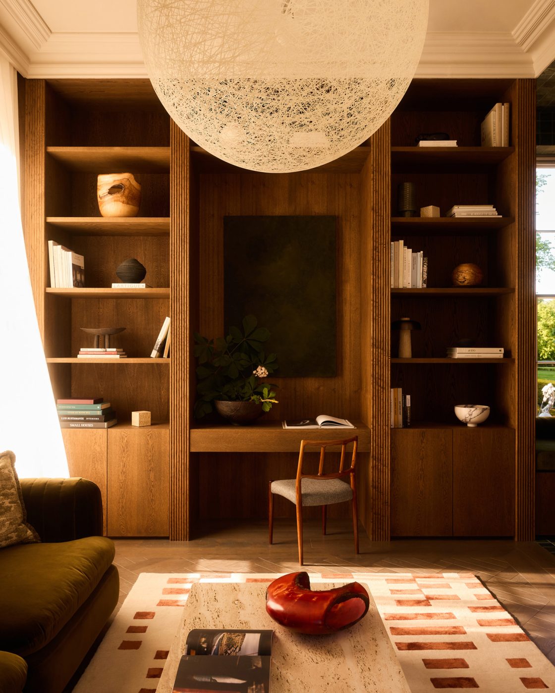 Moooi Random pendant and Gamfratesi for GUBI travertine coffee table in contemporary-styled music room of 19th-century Georgian-style manor house in Irish Countryside designed by Dublin-based Róisín Lafferty