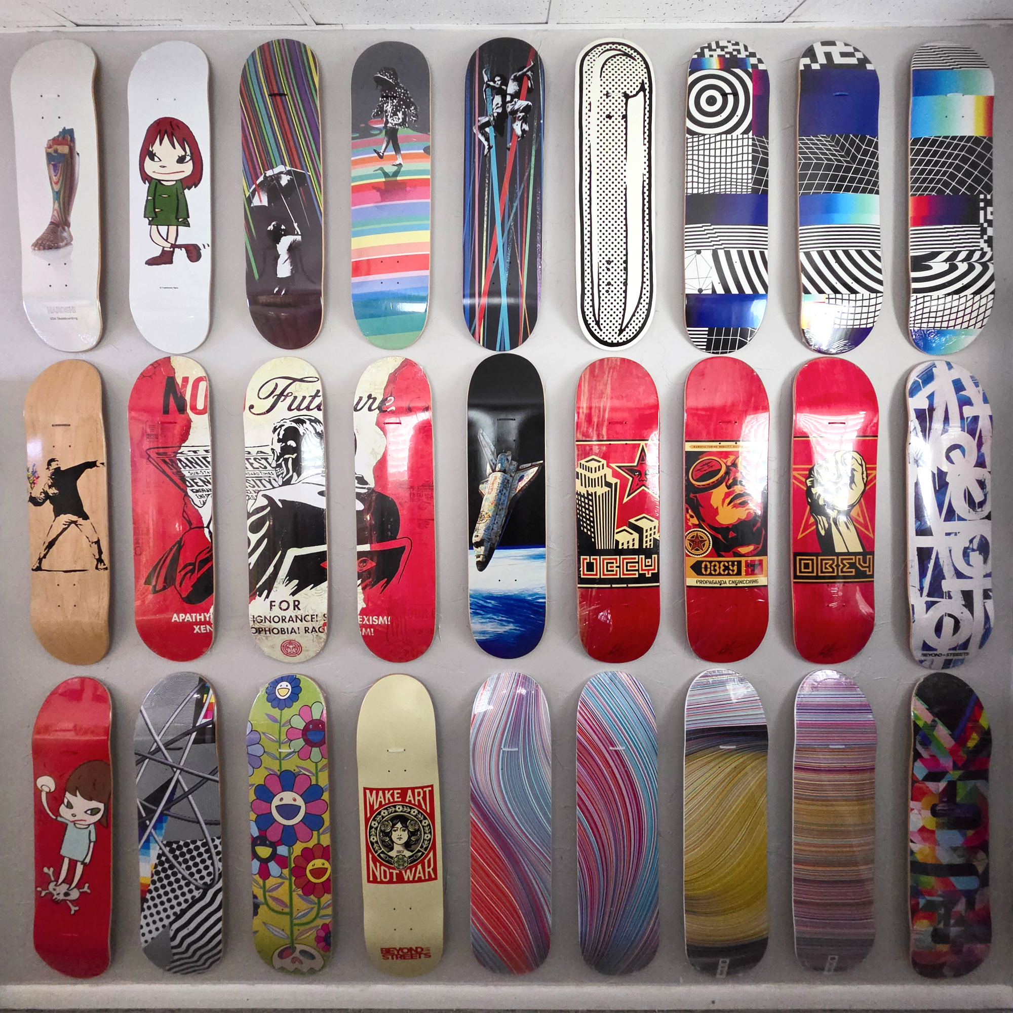 Artist-designed skateboards fill the walls of New Union Gallery in Salt Lake City.