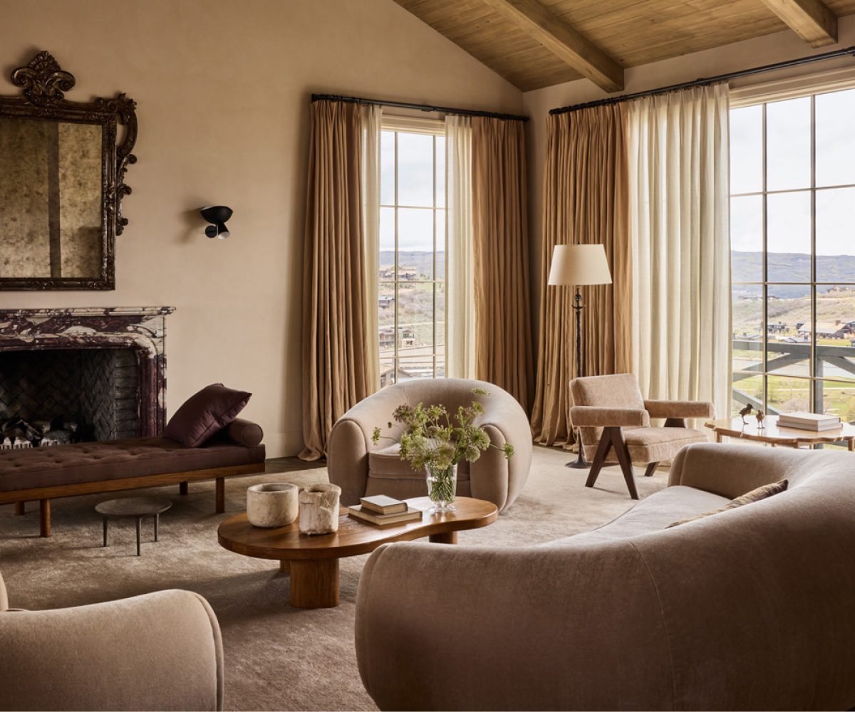 Great room in the rustic modern modern home of interior designer Wendy Labrum in Utah's Wasatch Mountains