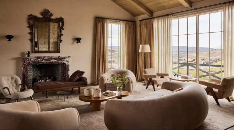 Great room in the rustic modern modern home of interior designer Wendy Labrum in Utah's Wasatch Mountains