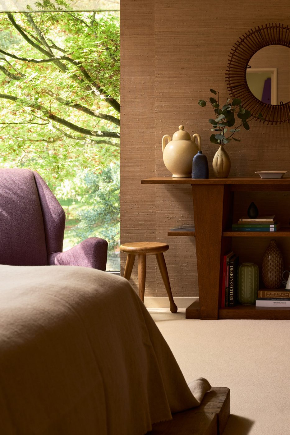 Primary bedroom of 1970s-era home in the Emeryville neighborhood of High Point North Carolina owned by husband and wife Michael Radziewicz and Jennifer Ponce, of the mid-century-modern furniture gallery PRB Collection
