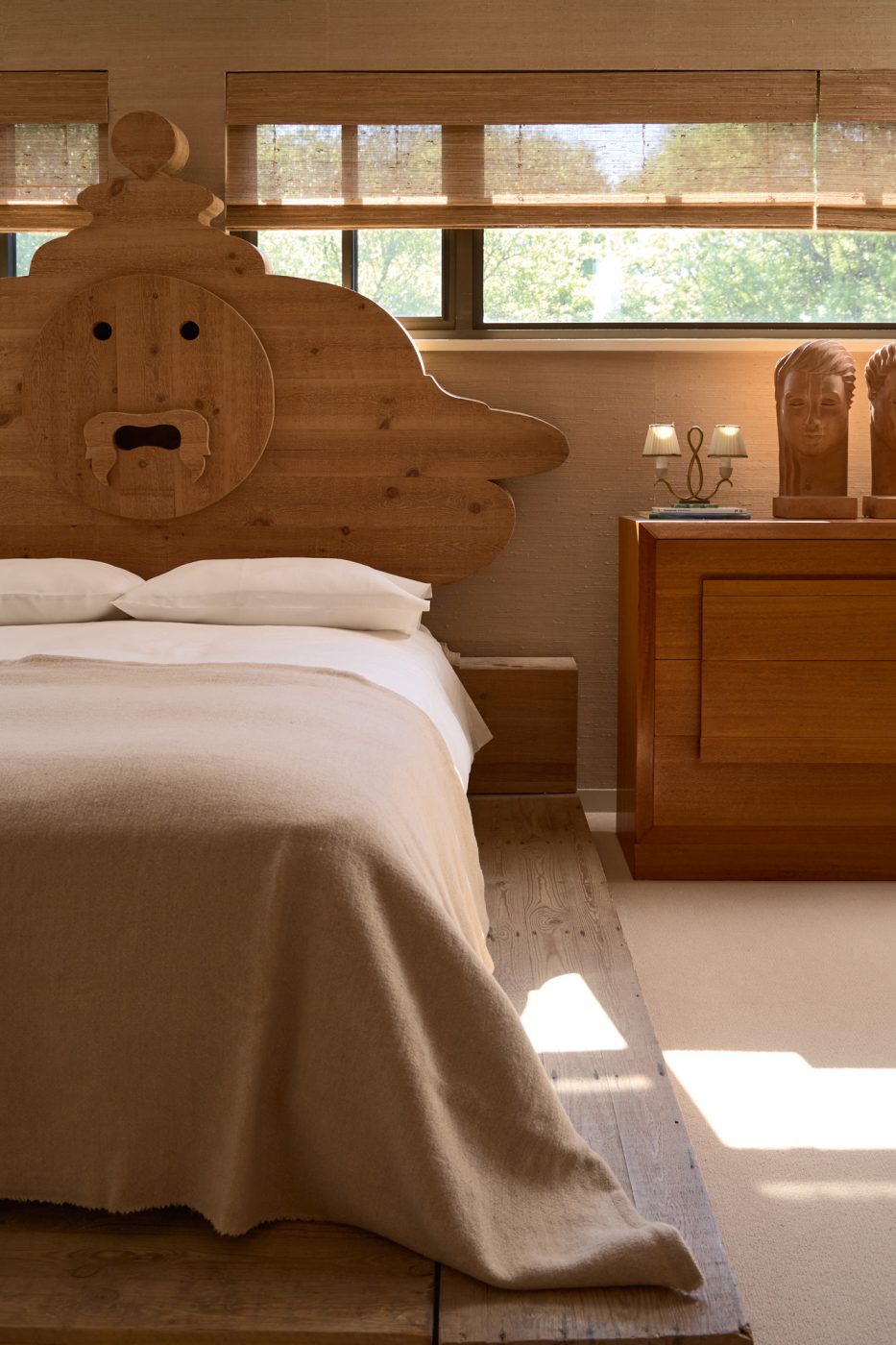 Primary bedroom of 1970s-era home in the Emeryville neighborhood of High Point North Carolina owned by husband and wife Michael Radziewicz and Jennifer Ponce, of the mid-century-modern furniture gallery PRB Collection