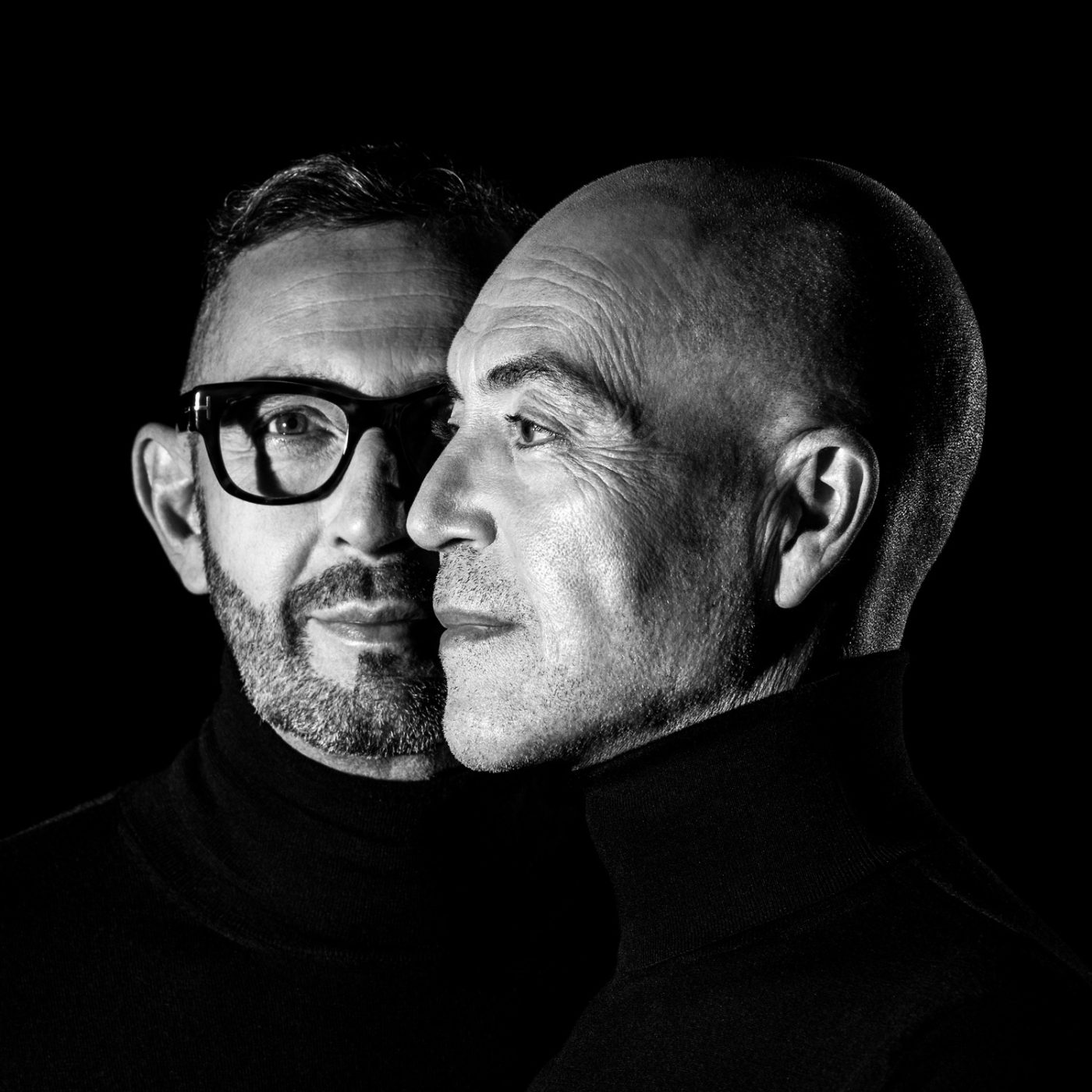 Black and white face portrait of Jacques Bec and Artur Miranda, married couple and co-founders of and principals at the design firm Oitoemponto, which is based in Porto, Portugal