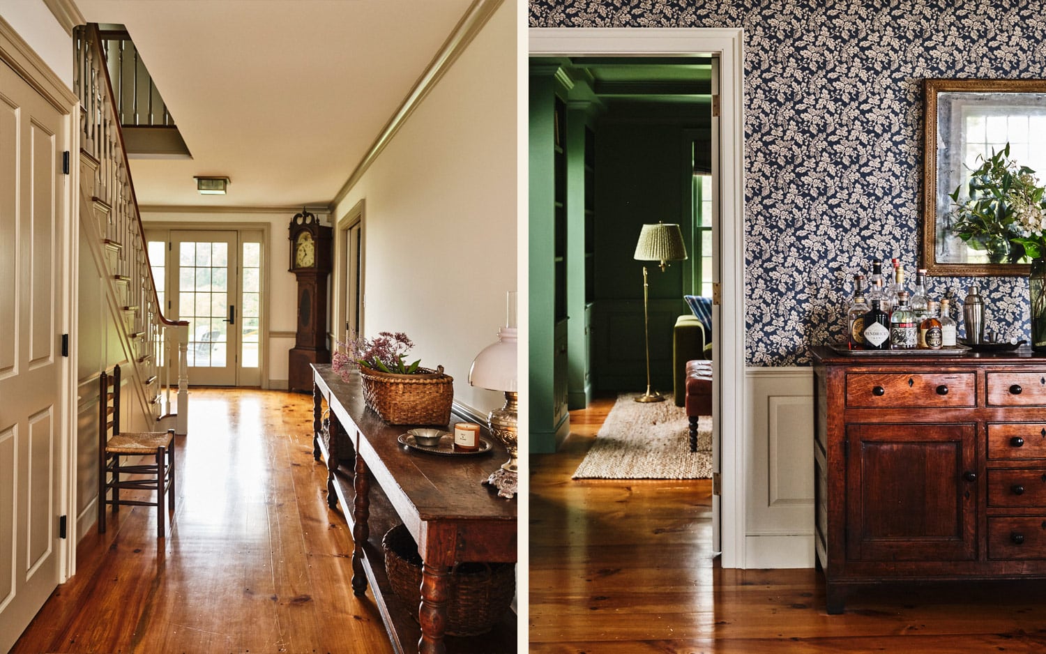 side by side photos of two images of main house at Vermont countryside compound Sarah Shetter designed for Hollywood writer-producers. Left image is the foyer stair hall including a cane-seat ladder-back chair faces a turned-leg draper’s table topped with a vintage basket. Right image is the the dining room, clad in Robert Kime oak-leaf-motif wallpaper, and including an early-19th-century French mirror hanging above a 19th-century English oak dresser that Shetter found at Judy Frankel Antiques.