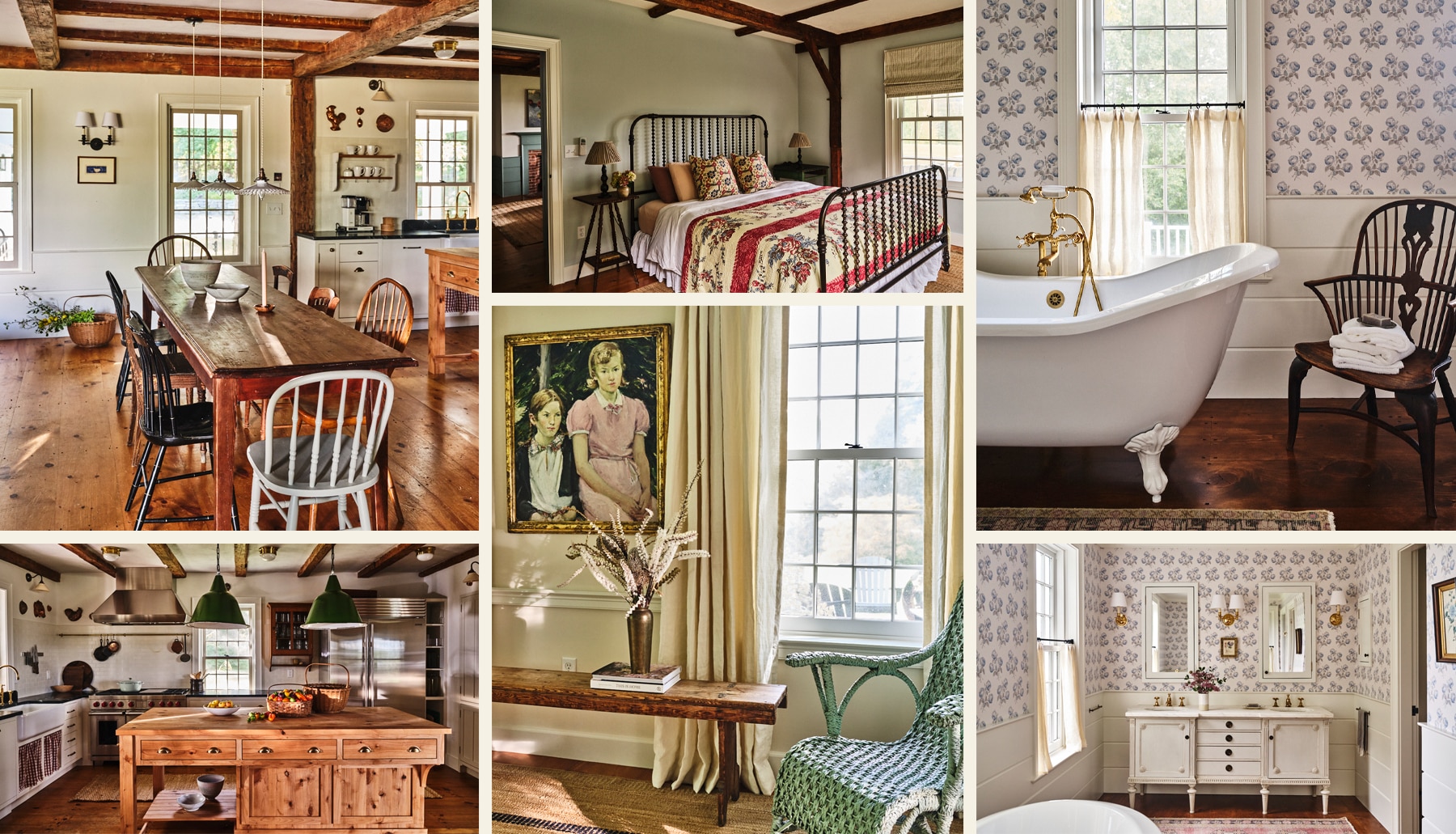 Collage of 6 interior images of Vermont country house designed by Sarah Shetter including rustic kitchen, guest bedroom with iron frame spindle bed, primary bathroom with footed tub and Swedish Gustavian sideboard used as vanity
