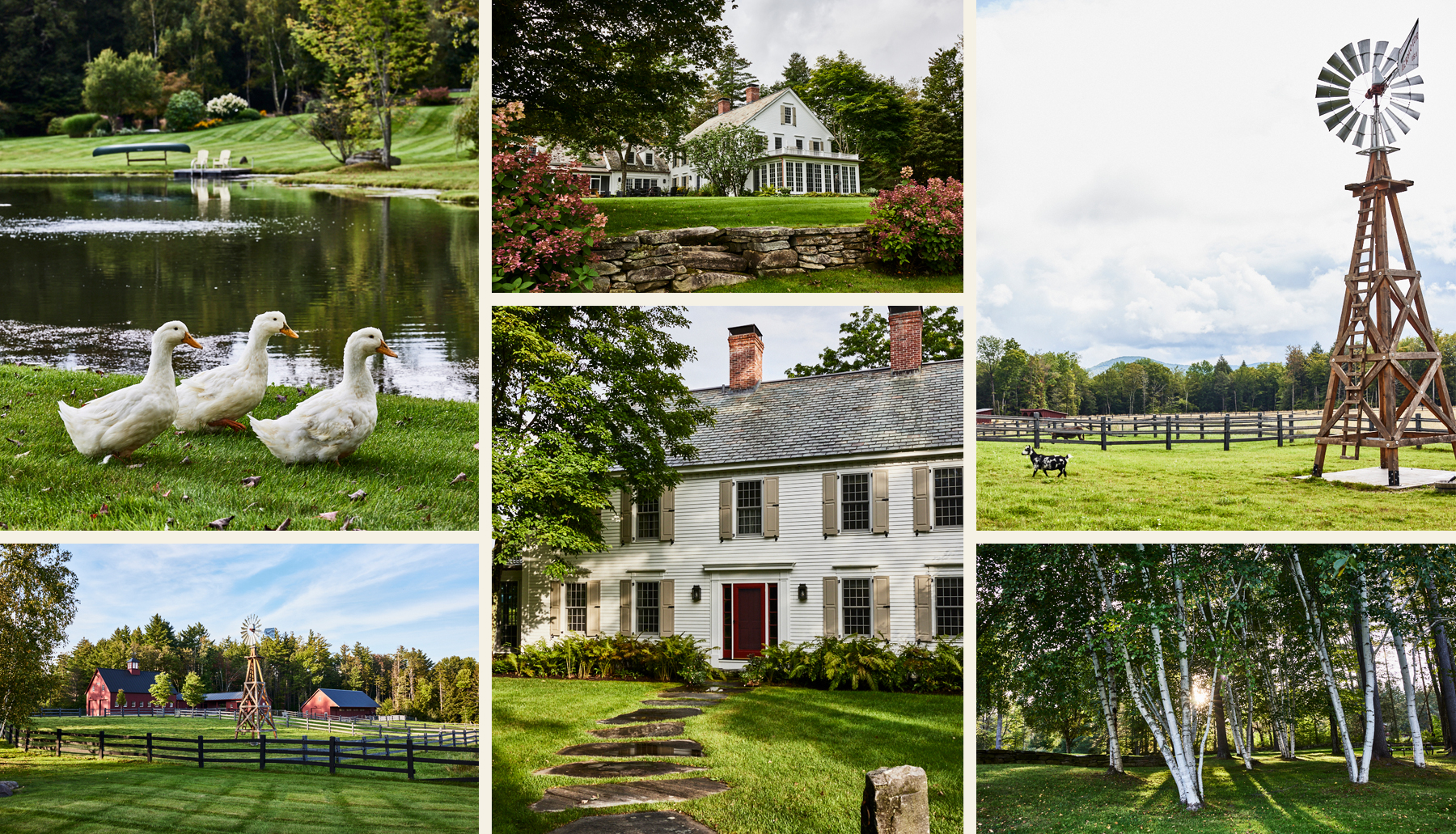 Collage of 6 exterior images of Vermont countryhouse compound including ducks by pond, birch trees, wind mill, white-clapboard main house and red barns and stables