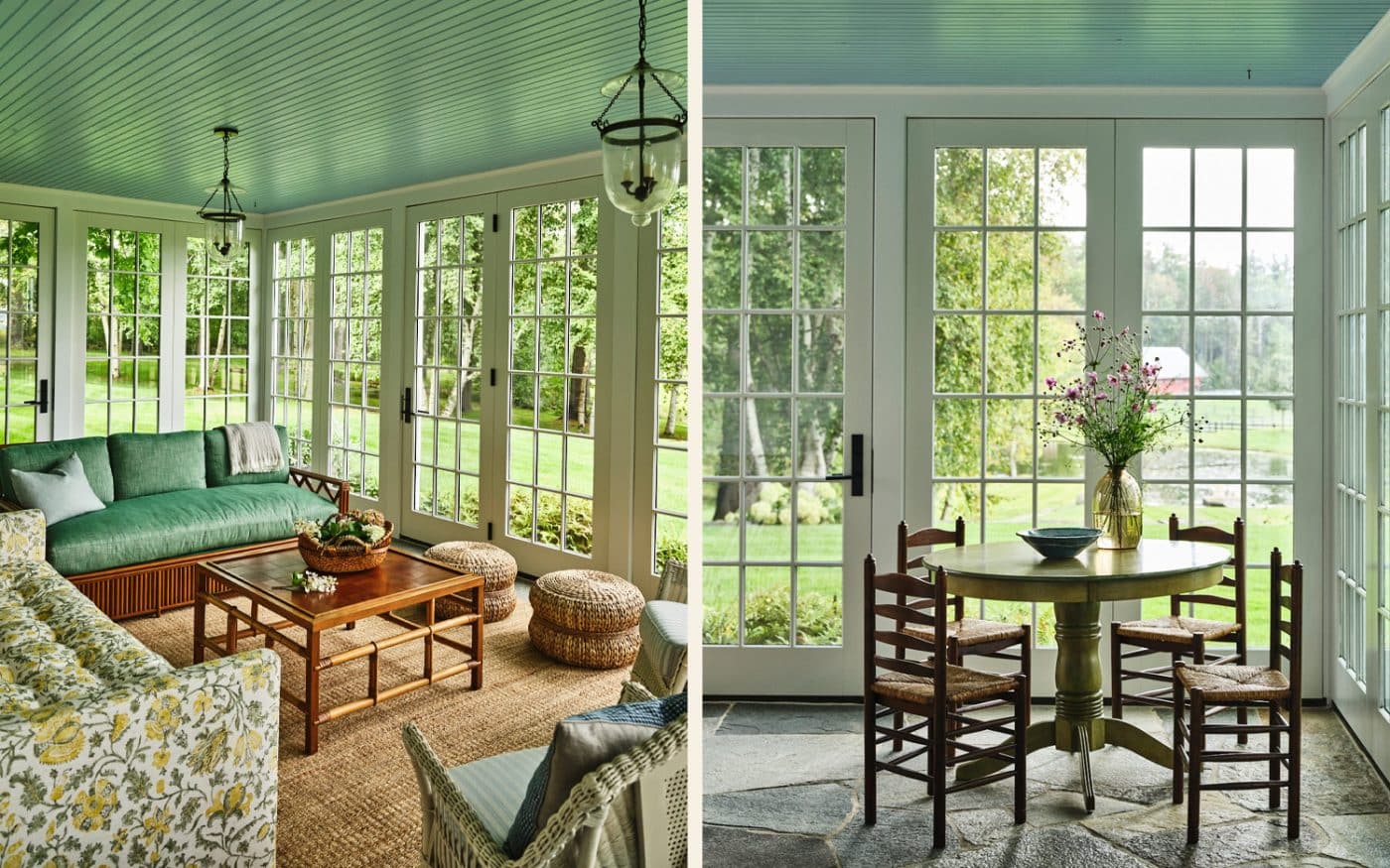 Side by side images of sunroom of main house at Vermont countryside compound Sarah Shetter designed for Hollywood writer-producers. Left image shows vintage wicker sofa and chairs flanking a wicker coffee table and custom yellow-and-green botanical-print sofa. Right side shows a pedestal table surrounded by ladder-back, cane-seat chairs.