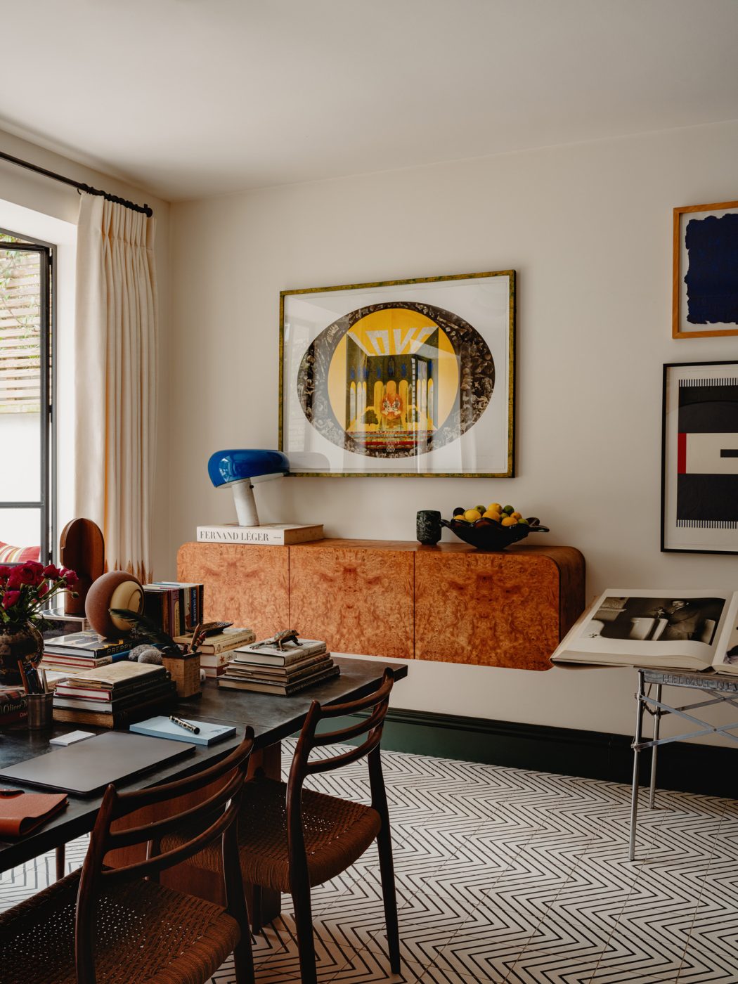Dining area in the apartment in London's Kensington owned and decorated by Romanos Brihi, co-founder of the London interior design firm Studio Vero