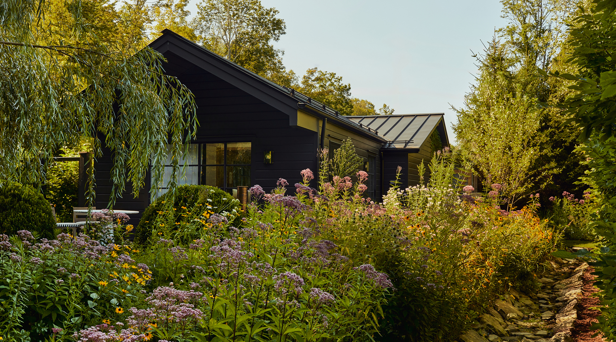 meadow-like Wildflower garden at the black, barn-like Rhinebeck New York home of Matthew and Casey Fisher, whose landscapes were designed by the Brooklyn studio Harrison Green